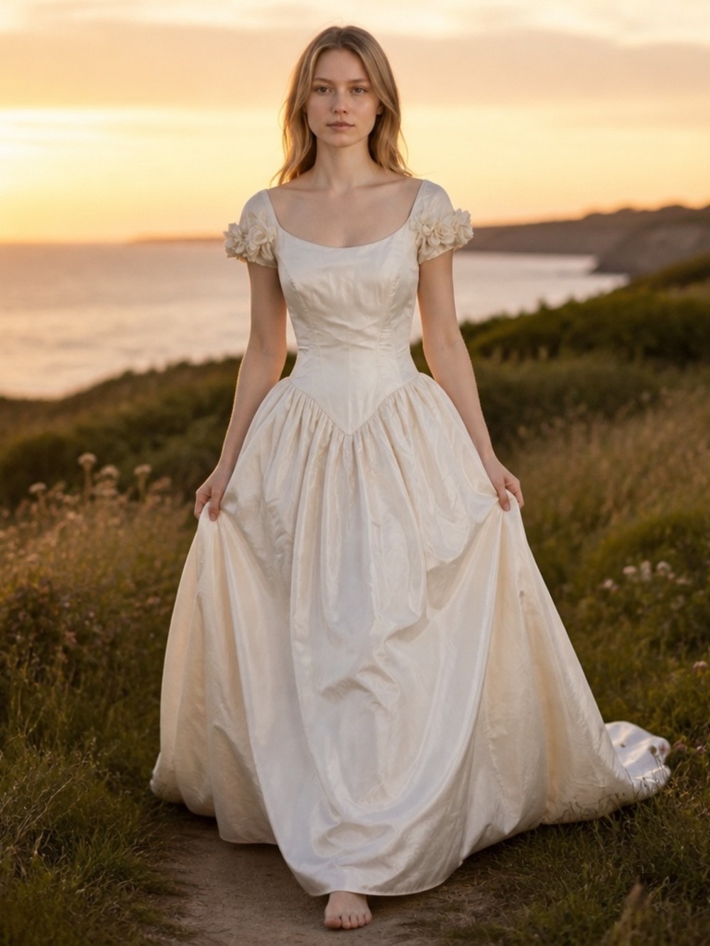 Vintage | Cream Satin Ball Gown Wedding Dress Floral Appliqué Full Skirt -Size 6 - Picture 2 of 14